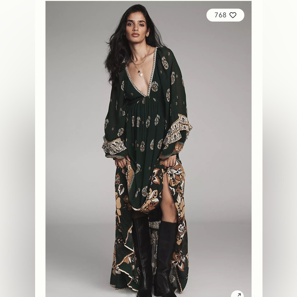 Anthropologie Farm Rio Ayla Long Sleeve V-Neck Maxi Dress XXS